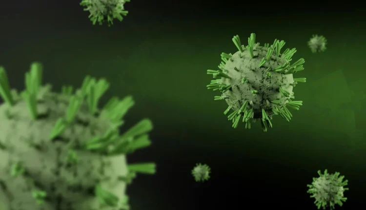 Close-up 3D render of virus particles floating on a dark green background, showcasing detailed virus structure.