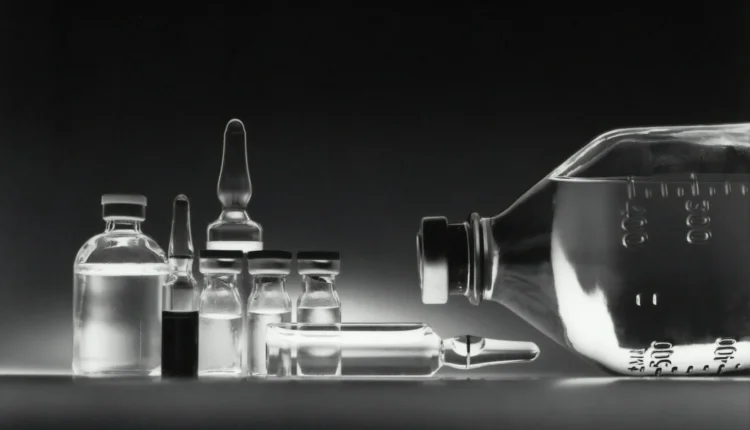 Glass medical vials and a large intravenous fluid bottle on a dark surface