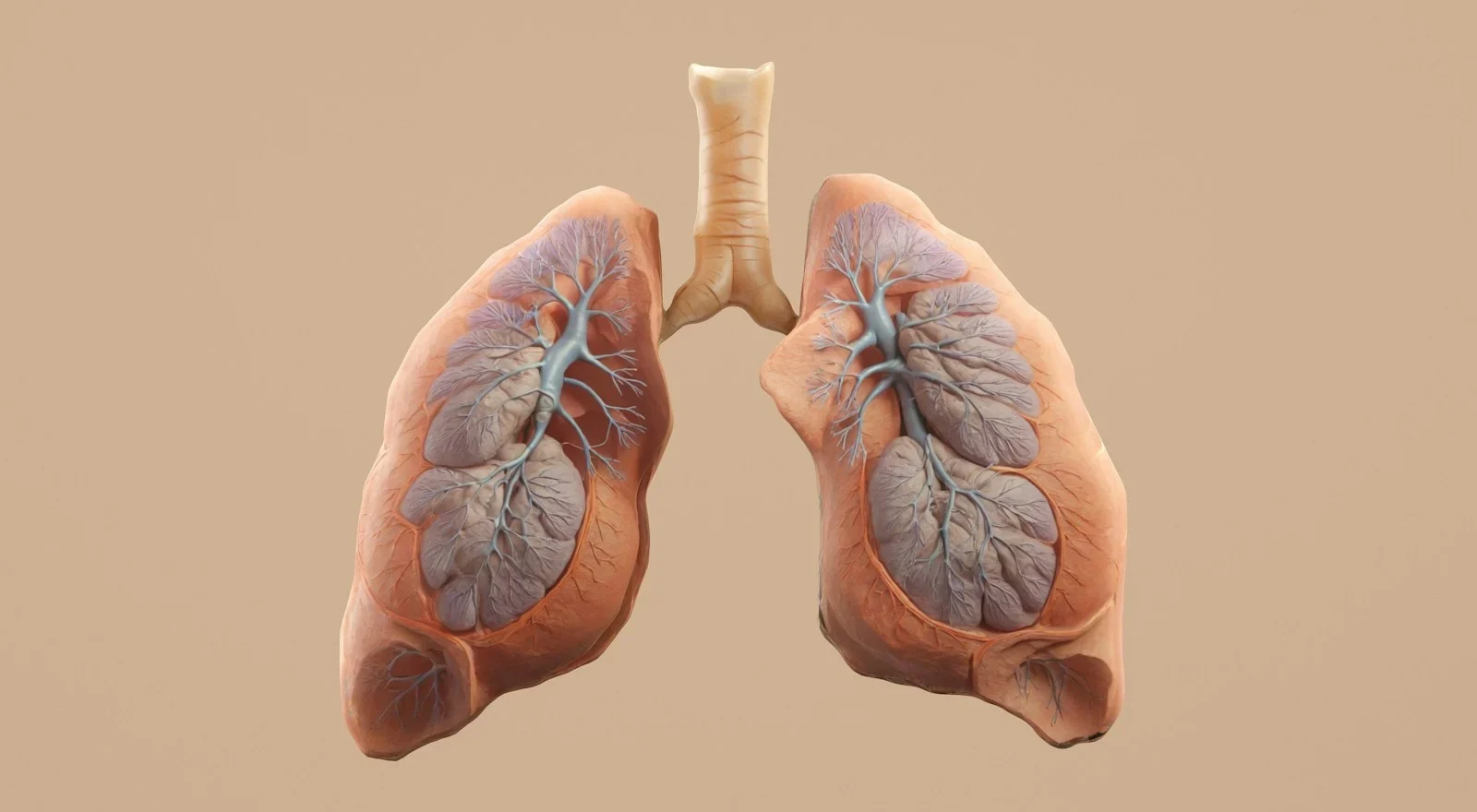 Human lungs with visible bronchial tubes and tissue on a beige background